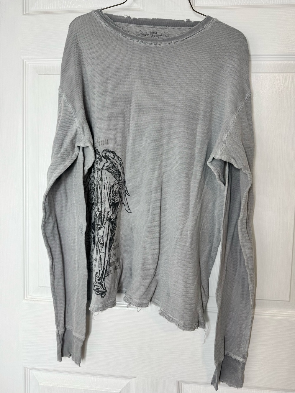Affliction Men's Gray Distressed Crewneck Sweater with Side Graphic
